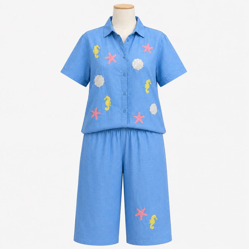 Vintage Quacker Factory Blue Beach Linen Blend 3X Seahorse Starfish 2 Piece Set